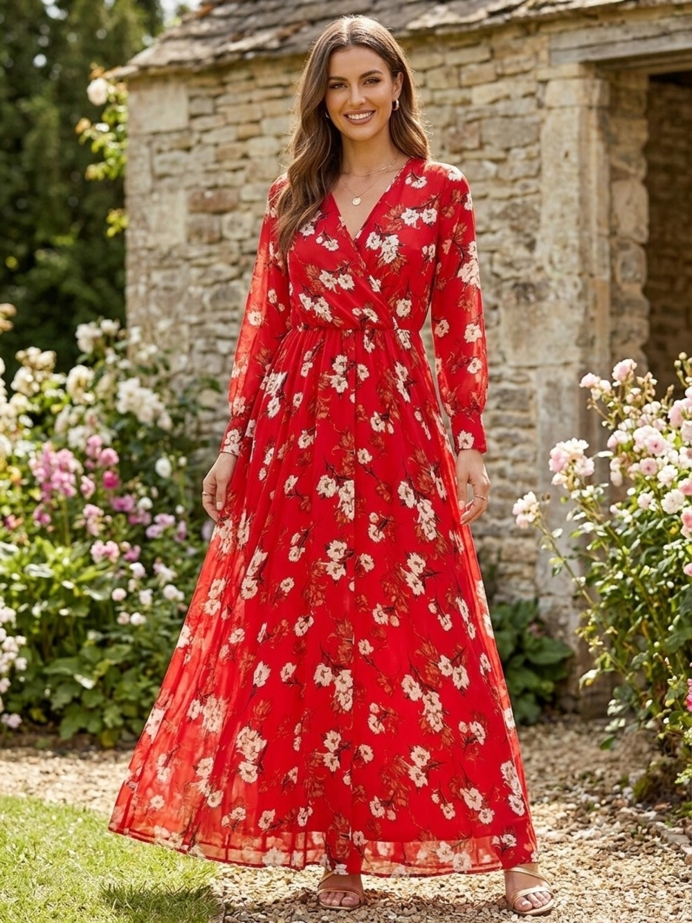 Red Floral V-Neck Maxi Dress with Long Sleeves